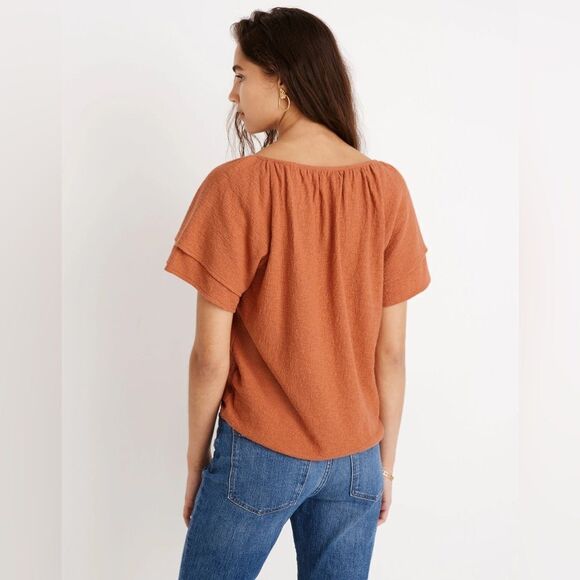 Madewell Textured Keyhole Top Large Clay Tiered Ruffle Sleeves Preppy - Picture 4 of 8